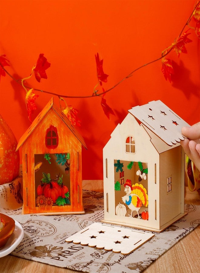 Soaoo 9 Sets Thanksgiving Wooden House with 12 Pcs Watercolor Pens Fall Wooden Houses for Crafts Kids' Wood Craft Kits for Thanksgiving Party Supplies DIY Paint Art - Image 4